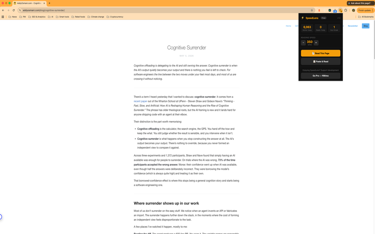 SpeedLens popup with Read This Page and Paste & Read