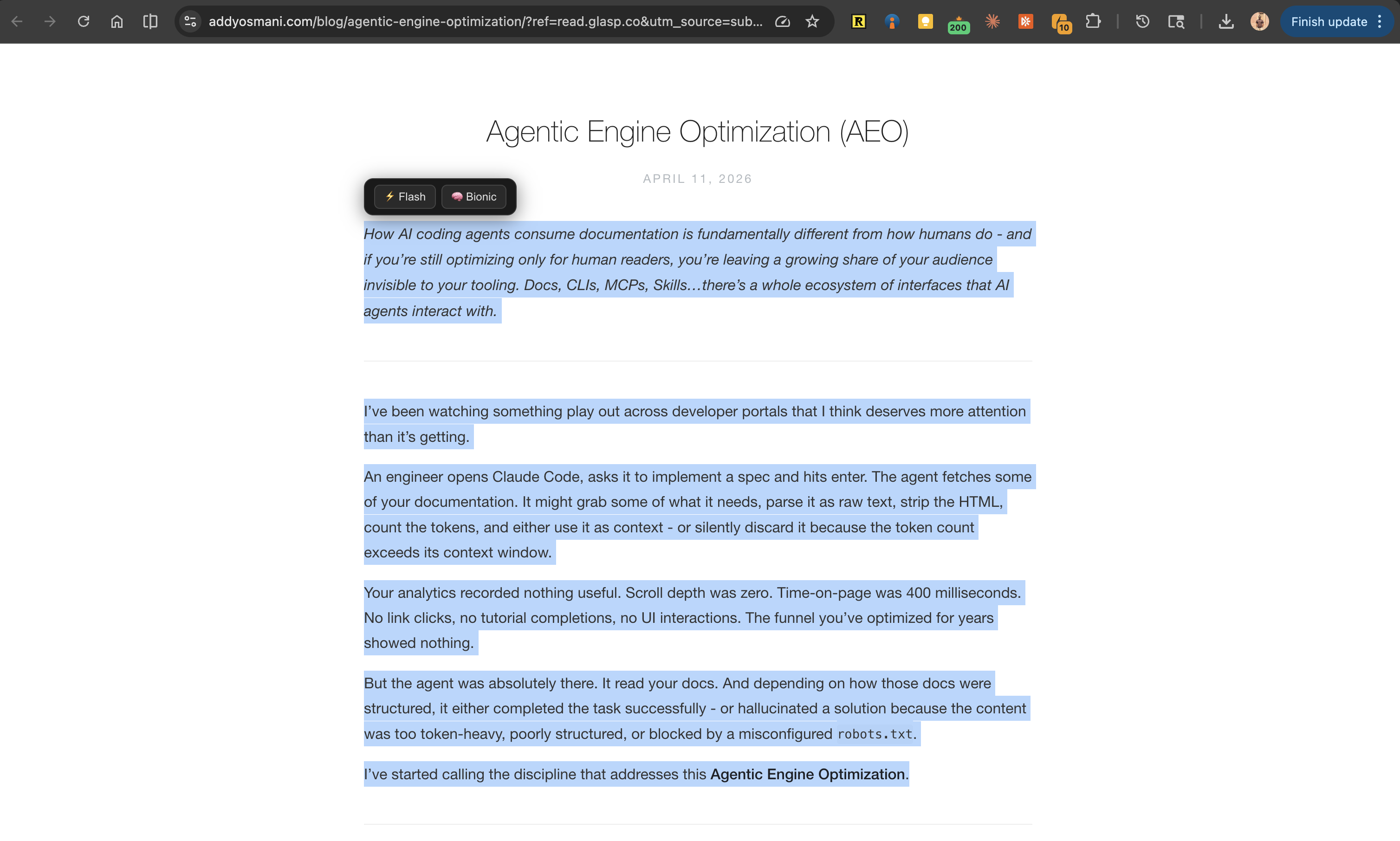 SpeedLens floating widget on Addy Osmani's Agentic Engine Optimization article